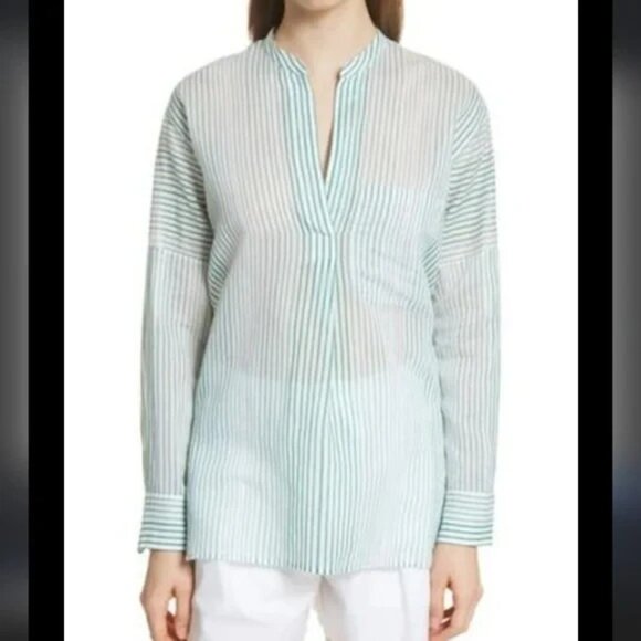 VINCE Silk Blend Split-Neck Stripe Tunic Blouse Green White size Medium - Picture 2 of 10